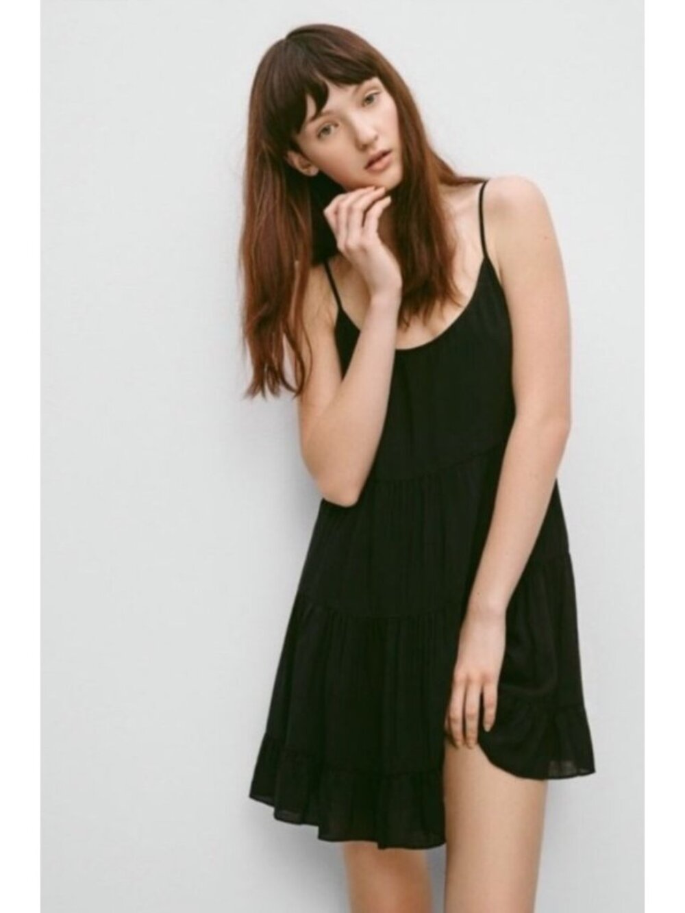 Artzia Talula Mini Dress Womens Large Black Lined Tiered Strappy Flowy LBD Chic